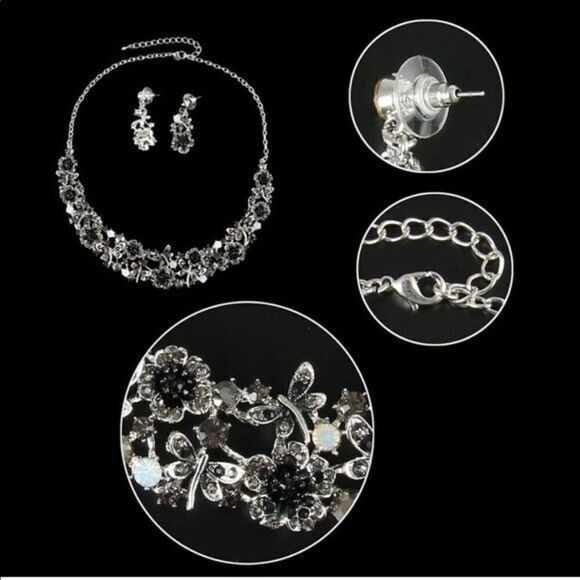 Silver & Black Onyx Austrian Crystal Hibiscus Butterfly Necklace & Earrings Set - Picture 8 of 8